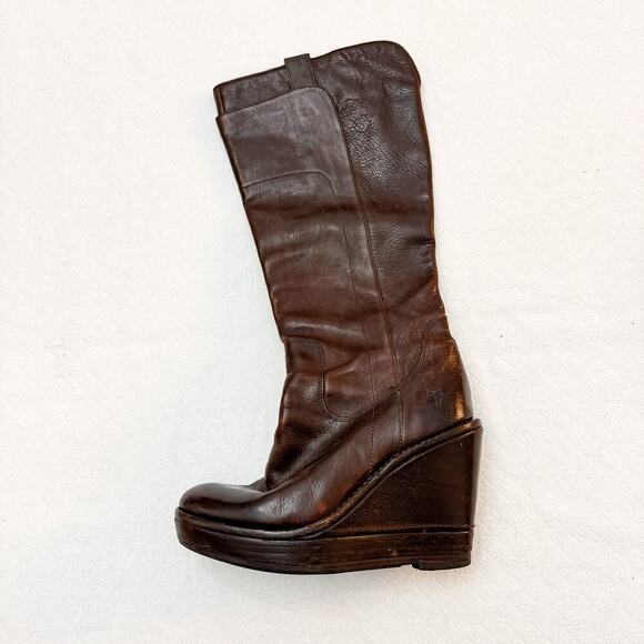 Frye Paige Wedge Chocolate Brown Knee High Boots Brown Size 6 MINT - Picture 2 of 6